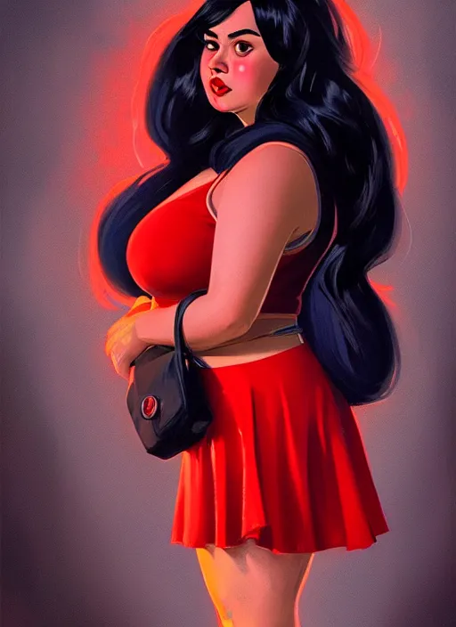 Image similar to full body portrait of teenage veronica lodge, obese, bangs, sultry, realistic, sultry smirk, wavy hair, red skirt, fat, belly, intricate, elegant, glowing lights, highly detailed, digital painting, artstation, concept art, smooth, sharp focus, illustration, art by wlop, mars ravelo and greg rutkowski