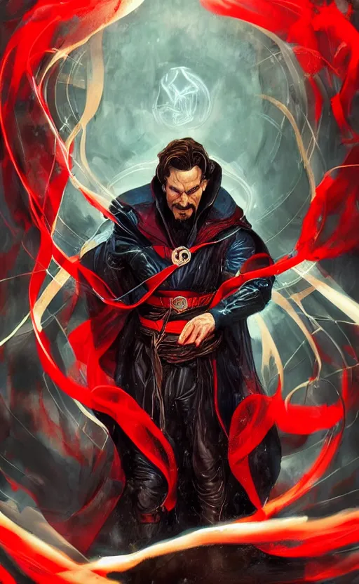 Image similar to venom as doctor strange, black and red suit, dynamic lighting, photorealistic fantasy concept art, trending on art station, stunning visuals, terrifying, creative, cinematic