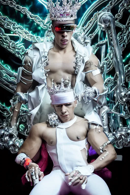 Image similar to full-body rococo and cyberpunk style neon statue of a muscular attractive Daddy Yankee macho dotado e rico android sim roupa reclining con las piernas abertas e la piroca dura, glowing white lasers, glowing eyes, silver prince crown, silver steampunk gears, white diamonds, swirling mint-colored silk fabric. futuristic elements. ethereal white dripping tar. full-length view. space robots. human skulls. intricate artwork by caravaggio. Trending on artstation, octane render, cinematic lighting from the right, hyper realism, octane render, 8k, depth of field, 3D