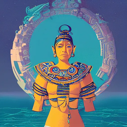 Image similar to mayan priestess floating over an ocean, sharp focus, james gilleard, moebius, print, cinematic, surreal, game art