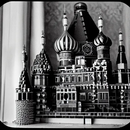 Image similar to ivan the terrible in his palace in moscow play with lego castle, kodak, old photo, black and white, film, wide lens, 1 6 mm,