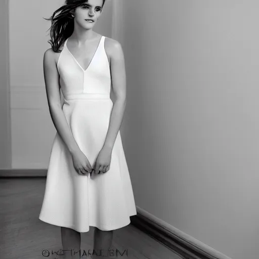 Prompt: an extremely beautiful studio photo of emma watson, wearing open toe high heels, wearing a white dress, in a white room, beautiful face, pale skin, rule of thirds, very very very beautiful!, hard focus, full body shot, studio photo, 9 0 mm, f / 1. 4