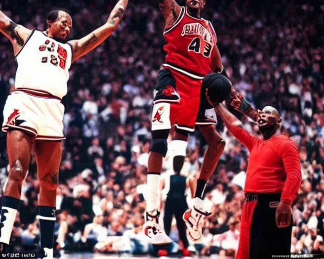 Image similar to dennis rodman t-posing in the air like jordan. he is flying over the city like a delicate little dove. he looks at the camera with intent to kill the viewer