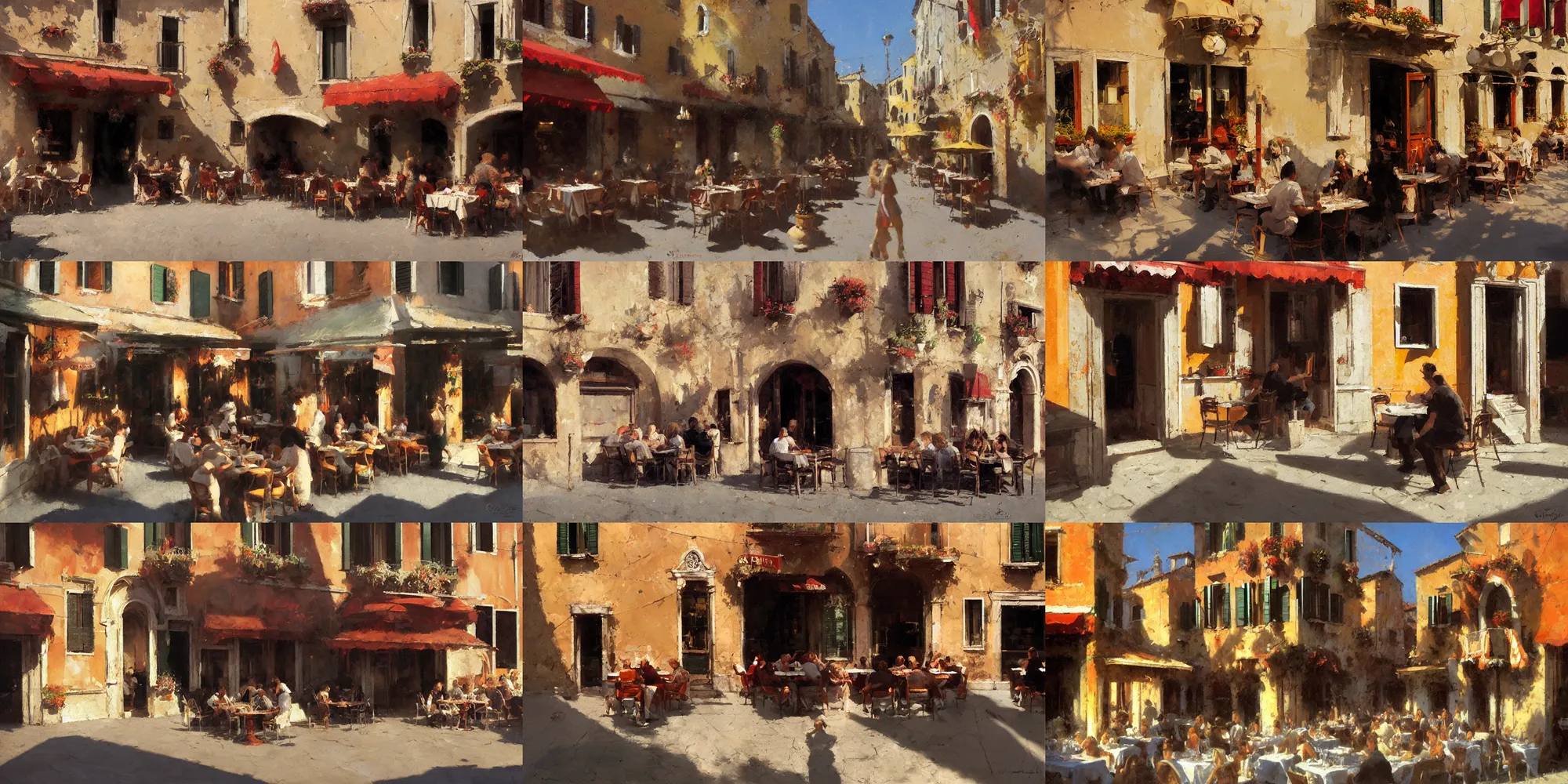 Prompt: italian restaurant in venice, sunny, shadows, craig mullins