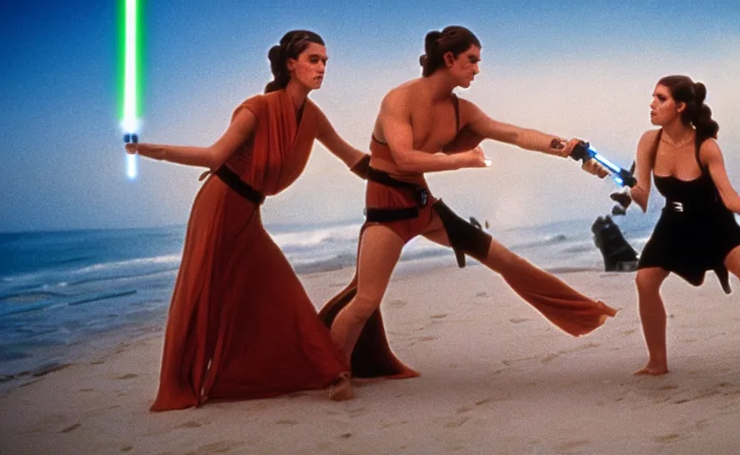 Image similar to portrait Princess Leia using lightsaber against Luke Skywalker on the beach, 1980s film directed by Stanley Kubrick, iconic scene, carrie fischer's photoreal face, stunning cinematography, hyper-detailed, sharp, anamorphic lenses, kodak color, 4k