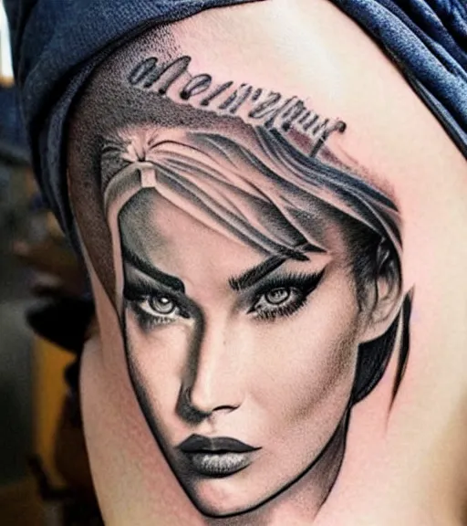 Image similar to realism tattoo sketch of a megan fox face in a double exposure effect with mountain scenery, in the style of matteo pasqualin, amazing detail, sharp