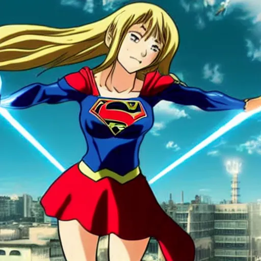 Image similar to anime visual of supergirl, shooting laser from its eyes, official media