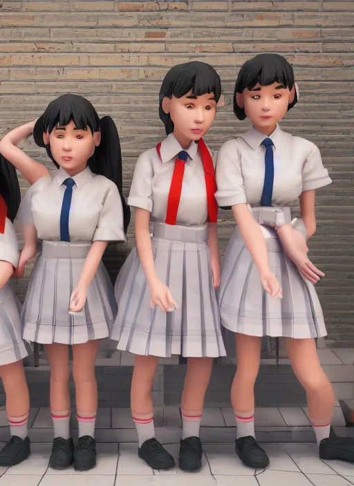 Prompt: schoolgirls selling plastic cats, photorealistic, canon r 3, symmetry, octane render, unreal engine, dramatic lights