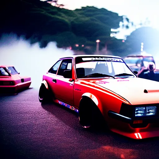 Image similar to a car S30 turbo drift at illegal car meet, Kanagawa prefecture, midnight mist lights, cinematic color, photorealistic, highly detailed wheels, highly detailed