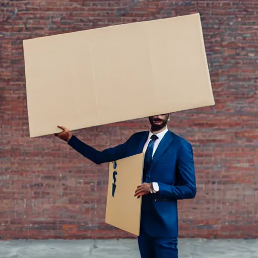 Image similar to man wearing a suit holding up a cardboard sign