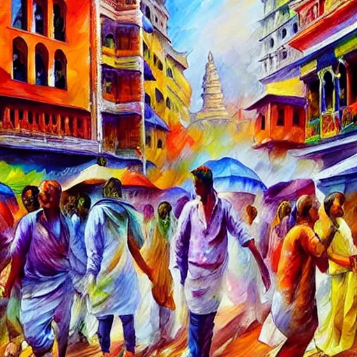 Prompt: People playing holi in Varanasi, with temples in the background, color in the air, Kai Fine Art by Leonid Afremov, by Guy Billoutread