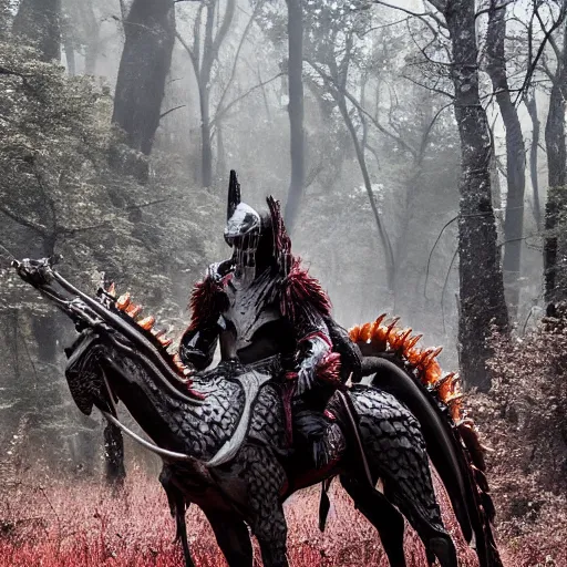 Prompt: High fantasy Yautja in dragon inspired armor in the forests plains of north yorkshire, Predator creature, alien hunter, 4k, Dragon skull biomask,