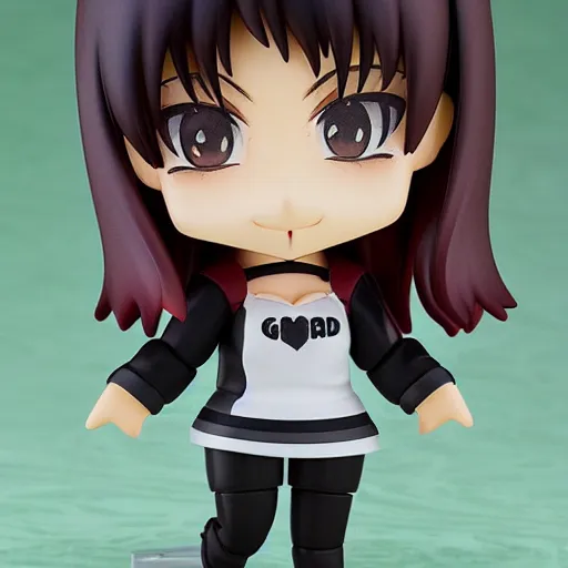 Image similar to nendoroid of a girl with a red sidecut, brown eyes and emo clothes