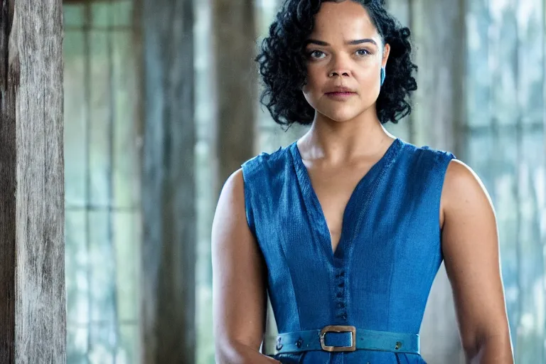 Image similar to portrait of tessa thompson wearing a blue dress on an old west plantation in westworld