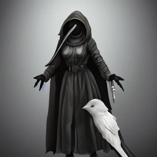 Image similar to female plague doctor donning a black hood, steel knightly armor and a white crow mask, trending on artstation