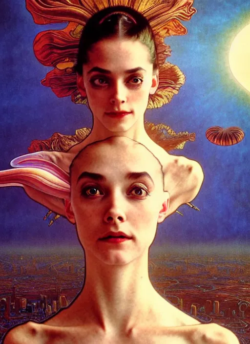 Image similar to realistic detailed portrait movie shot of a prima ballerina wearing a dark robes, sci fi city landscape background by denis villeneuve, amano, yves tanguy, alphonse mucha, ernst haeckel, max ernst, roger dean, masterpiece, rich moody colours, dog teeth, blue eyes, sunset