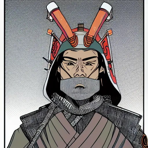 Prompt: a powerful japanese samurai wearing a fassassin's hood, detailed face, highly detailed, face symmetry, character concept portrait by moebius and laurie greasley, colorful, profile picture, 8 k, cinematic color grading