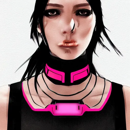 Image similar to headshot artwork of cyberpunk woman wearing thick black choker, collar on neck, realistic, artstation, neon,