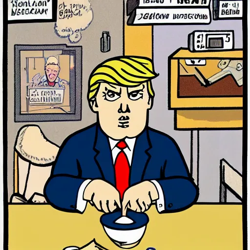 Image similar to close - up portrait of donald trump eating nuclear missiles, by chris ware