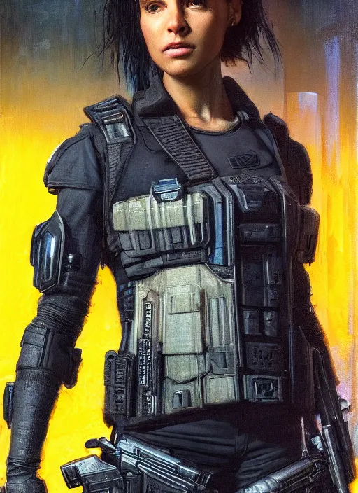 Image similar to 👩🏾🏭. cyberpunk police trooper in a military vest ( blade runner 2 0 4 9, cyberpunk 2 0 7 7 ). orientalist portrait by john william waterhouse and james gurney and theodore ralli and nasreddine dinet, oil on canvas. cinematic, hyper realism, realistic proportions, dramatic lighting, high detail 4 k