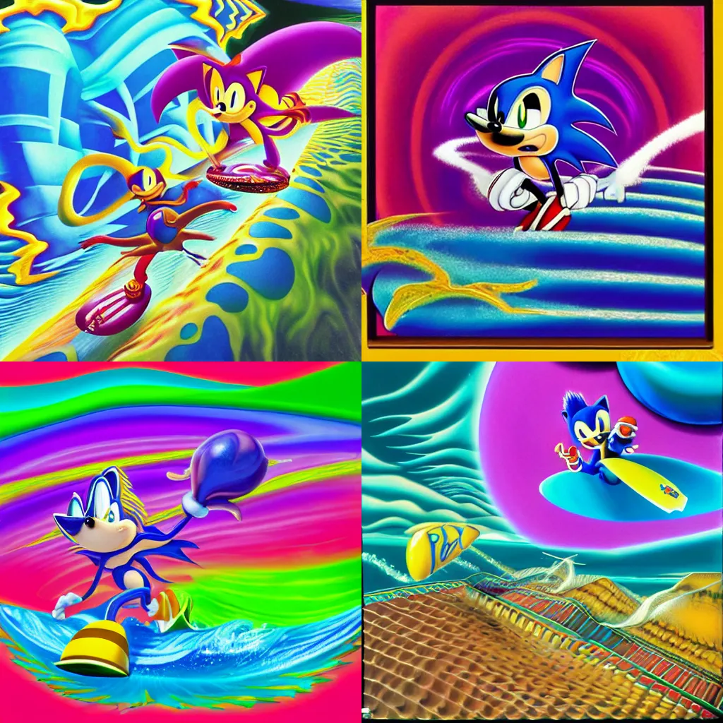 Image similar to surreal, sharp, detailed professional, high quality airbrush art MGMT album cover of a liquid dissolving LSD DMT sonic the hedgehog surfing through cyberspace, purple checkerboard background, 1990s 1992 Sega Genesis video game album cover