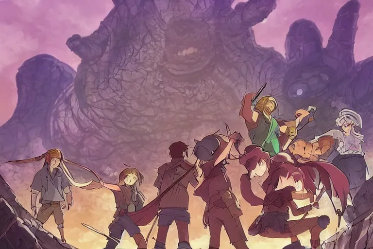 Image similar to cell shaded key visual of a group of adventurers being defeated by monsters in a dungeon, in the style of studio ghibli, moebius, makoto shinkai,