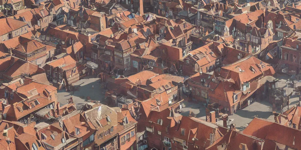 Prompt: Matte painting of a fantasy town with narrow streets, red brick rooves with chimneys and smoke, aerial perspective colorful marketplace