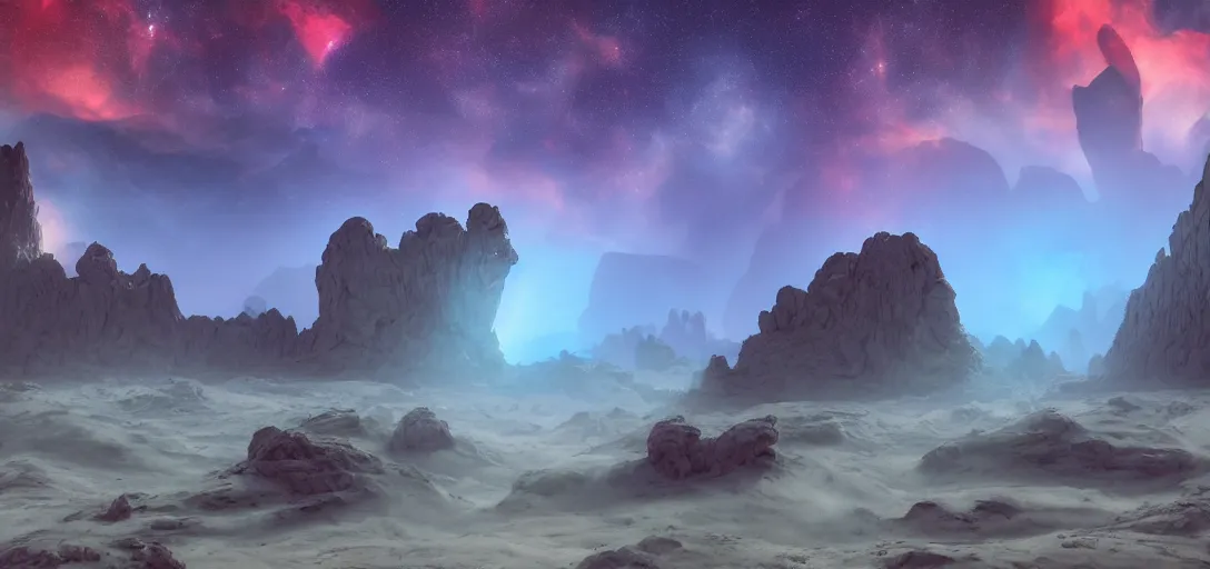 Prompt: dramatic view of an alien planet, astral nebula, giant rock formations with raytraced refraction, glowing dust, fog, dramatic lighting, ultra detailed, sharp, ambient occlusion, bloom, raytracing, vibrant, vivid colors, 3 d artstation render, society, by dylan cole and jordangrimmer
