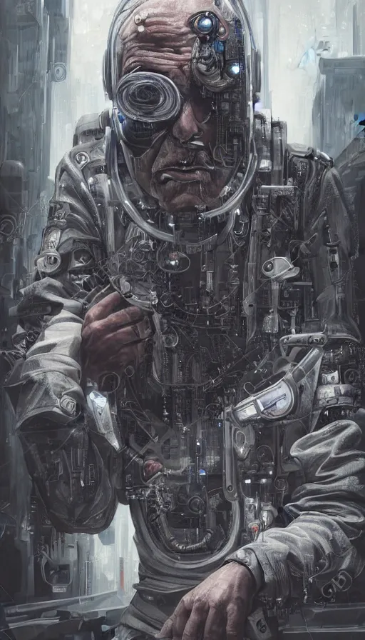 Prompt: masterpiece ultra realistic illustration of an old man cyborg, cyberpunk, sci-fi fantasy