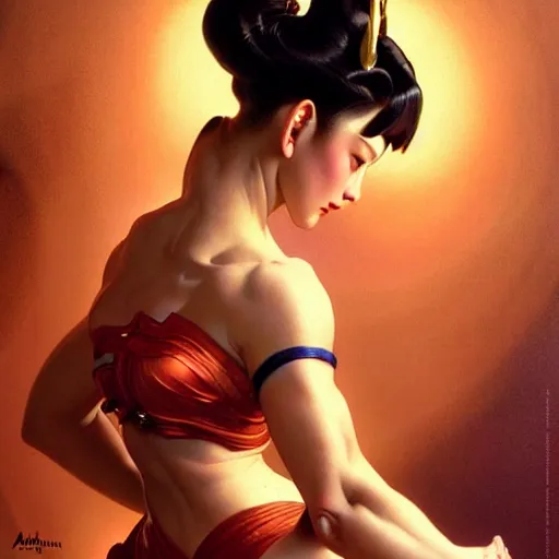 Prompt: of a Chun Li, dark fantasy, medium shot, intricate, elegant, highly detailed, digital painting, volumetric light, artstation, concept art, smooth, sharp focus, illustration, art by Gil Elvgren and Greg Manchess and Alphonse Mucha