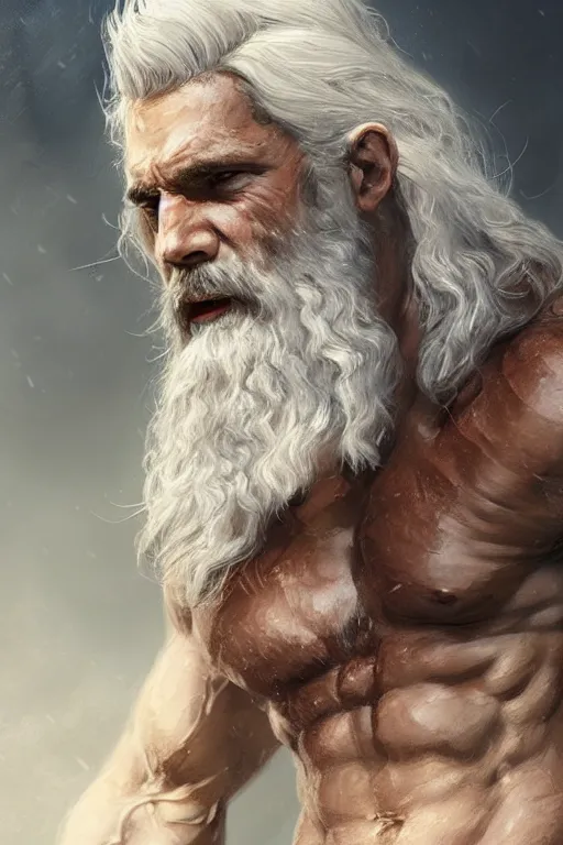 Prompt: photo portrait of rugged zeus, god of thunder, greek god, white hair, masculine, mature, handsome, upper body, muscular, hairy chest, fantasy, intricate, elegant, highly detailed, digital painting, artstation, concept art, smooth, sharp focus, illustration, art by gaston bussiere and greg rutkowski
