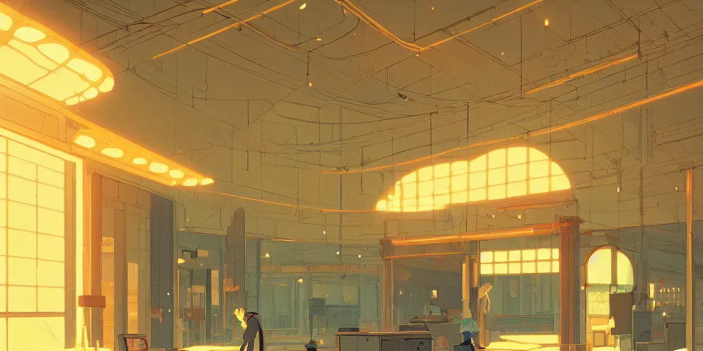 Image similar to arcade interior, lights, by cory loftis, makoto shinkai, hasui kawase, james gilleard, beautiful, serene, peaceful, lonely, golden curve composition