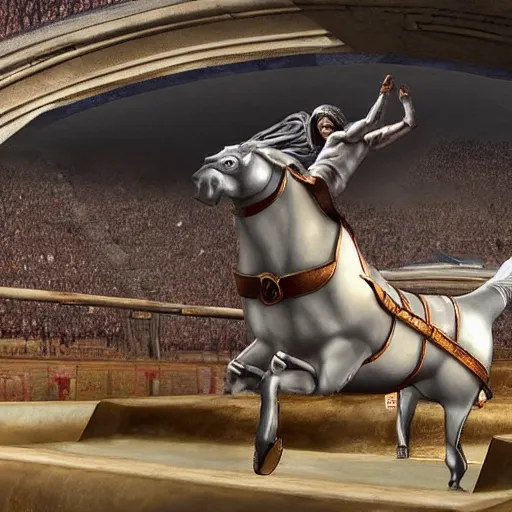 Prompt: roman horse chariot racer high jumping with chariot in a skate park half-pipe, video game cover, intense, high detail, crowd cheering