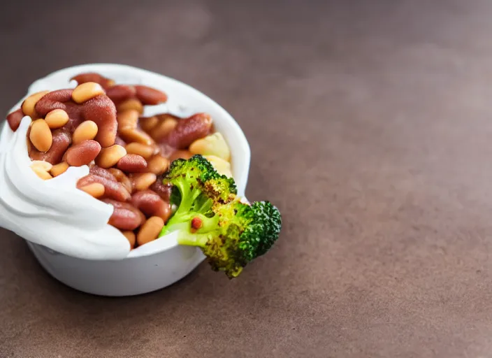 Prompt: food photo still of paper cup of soft serve swirled frozen yogurt topped with baked beans and broccoli, 8 5 mm f 1. 8