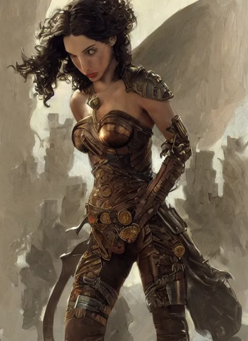 Image similar to highly detailed steampunk gal gadot standing, steel age : leonardo da vinci, greg rutkowski, magali villeneuve