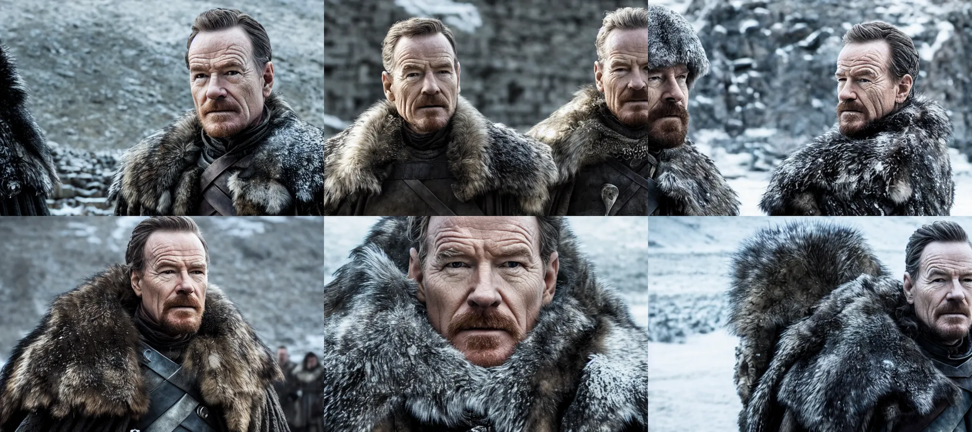 Image similar to promotional image of Bryan Cranston as a Stark soldier in Game of Thrones Season 3 (2013), detailed face, movie still, promotional image, imax 70 mm footage