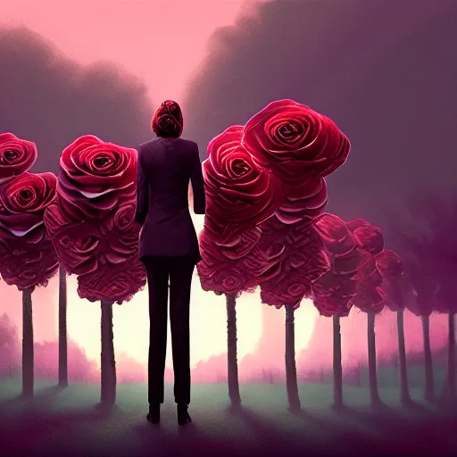 Image similar to portrait, giant rose flower head, girl in a suit, surreal photography, sunrise, blue sky, dramatic light, impressionist painting, digital painting, artstation, simon stalenhag