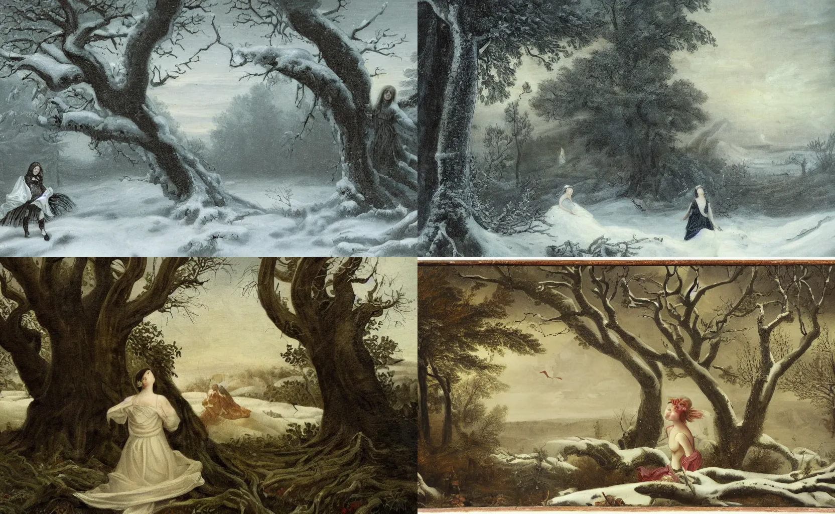 Prompt: a foreboding classical painting of a frightened young girl in a snowy forest hiding with her back against a large tree from a monster that's prowling in the distance