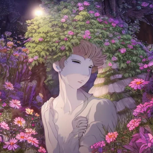 Prompt: detailed spirit creature with eyes in the flowers at night made by ghibli, beautiful scene, detailed, high quality, high details, smooth, 8 k,