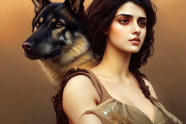 Prompt: sensual good looking pale young bengali girl with soulful eyes with a majestic german shepherd, portrait, elegant, intricate, digital painting, artstation, concept art, smooth, sharp focus, illustration, art by artgerm and greg rutkowski and alphonse mucha