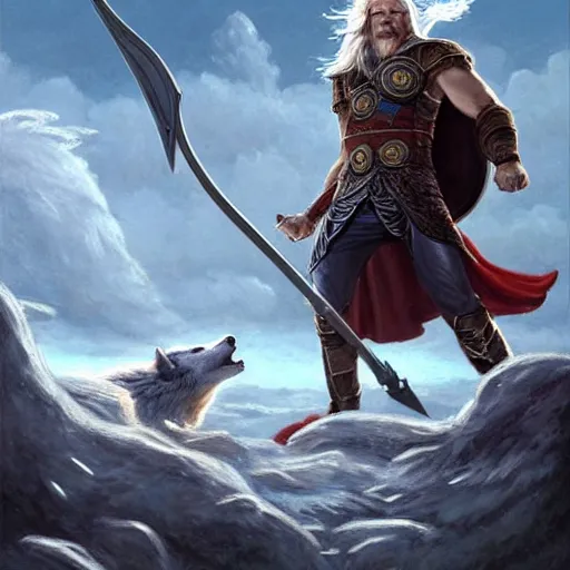 Prompt: The asgardian one-eyed god Odin using a spear to fight the gray wolf Giant Wolf Fenrir in Ragnarök, majestic, high-detail, realism, painting by Andreas_Rocha,