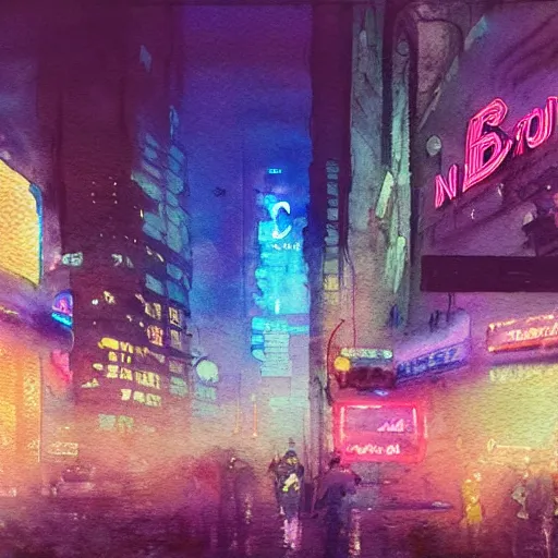 Prompt: an impressionist watercolor painting of a cyberpunk dystopian city with a lot of neon signs