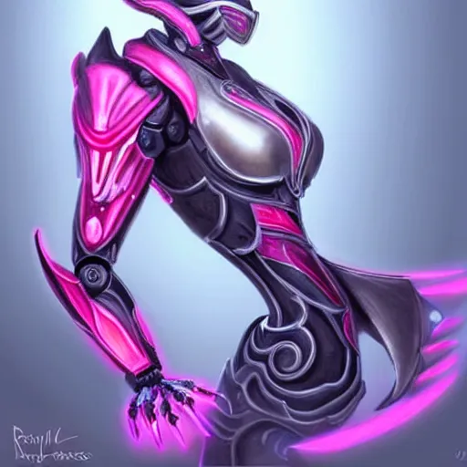 Image similar to highly detailed realistic exquisite fanart, of a beautiful female warframe, but as an anthropomorphic elegant robot female dragon, glowing eyes, shiny and smooth off-white plated armor, bright Fuchsia skin beneath the armor, sharp claws, well designed robot dragon four fingered hands, and sharp elegant robot dragon three clawed feet, royal elegant pose, full body and head shot, epic cinematic shot, professional digital art, high end digital art, DeviantArt, artstation, Furaffinity, 8k HD render, epic lighting, depth of field