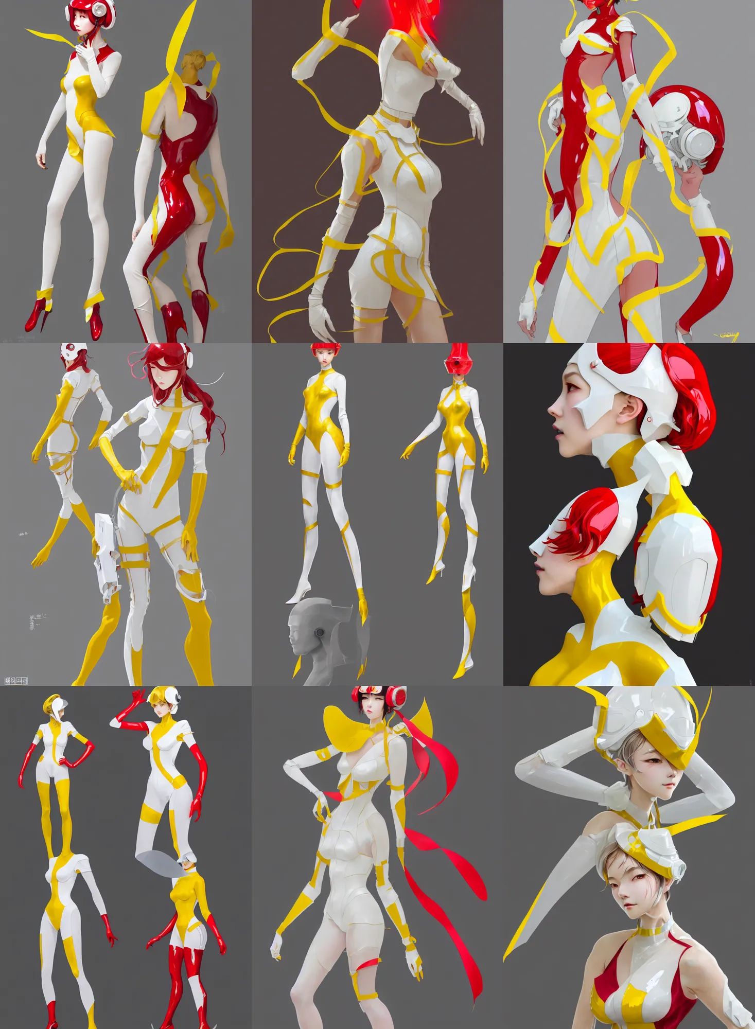 Prompt: a full body character design by loish, hong soonsang, tooth wu, zeen chin, wlop, makoto shinkai and alphonse mucha. white and yellow tape and red translucent plastic tape project show attctive showgirl!! sci - fi helmet with!! sharp edges. contour light!! ultra detailed, elegant, intricate, octane render.