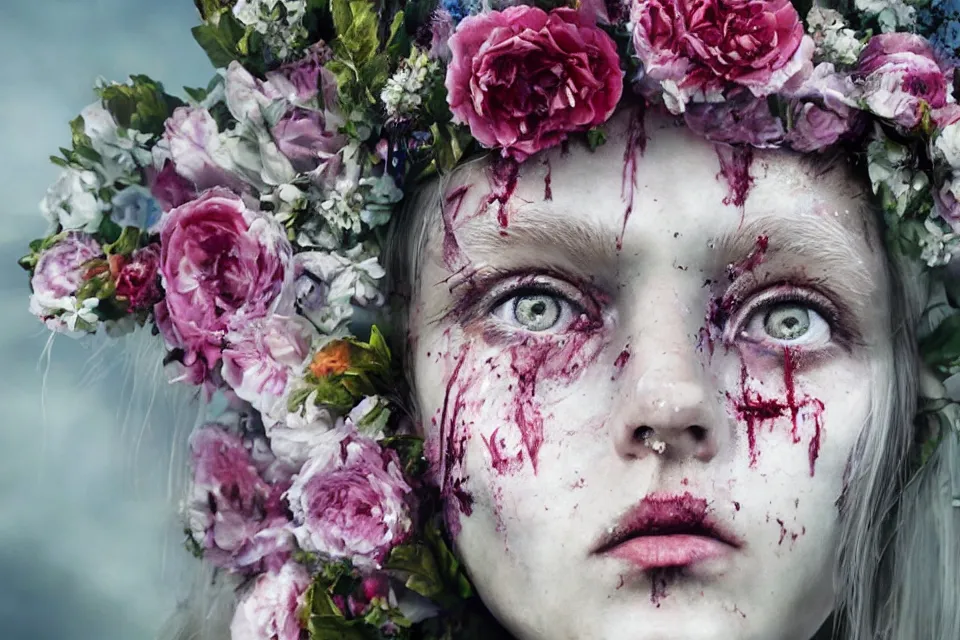 Image similar to Midsommar May Queen Zombie Portrait, Trending on ArtStation, beautiful aesthetic, photorealistic, volumetric lighting, hyperrealistic, octane render, HDR, photorealistic, bokeh