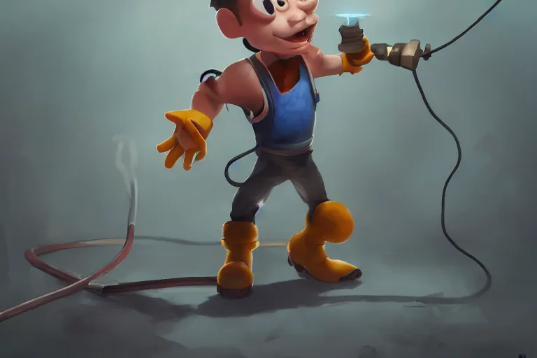 Prompt: a cartoony electrician, in the style of Rayman origins, michael ancel, Ruan Jia and Mandy Jurgens and Greg Rutkowski, trending on Artstation, award winning, unreal engine, octane render H 1024