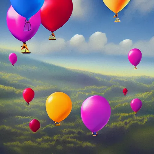 Image similar to digital art of plenty of birthday balloons floating above a beautiful countryside. artstation cgsociety masterpiece