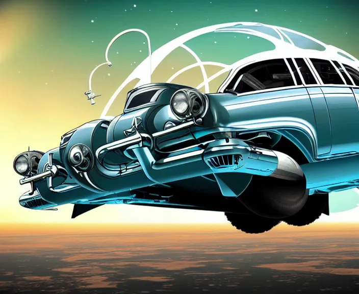 Image similar to russian car volga gaz - 3 1 0 2 fly in space in orbit of the planet earth, hyper detailed, hight detailed, futuristic, ultra realistic, cyberpunk, steampunk, no blur, 8 k