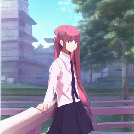 Image similar to a girl with a pink double ponytail, by makoto shinkai