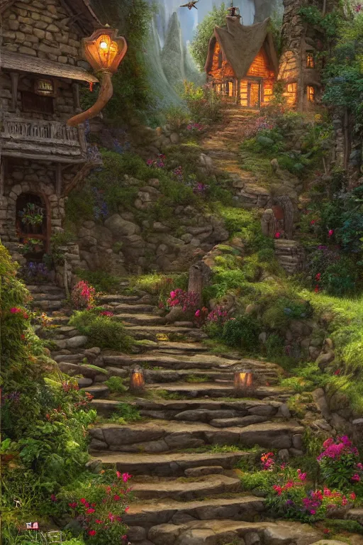 Prompt: matte glossy painting of stone steps fantasy leading to a cottage where a witch lives p artstation by emilia dziubak, will terry, greg olsen, chris mars, ann long, and mark brooks, greg ritkowski, james gurney, architecture, colorful warcraft architecture